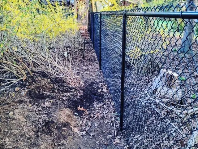 Black PVC-coated chain link fence install in a residential NJ backyard